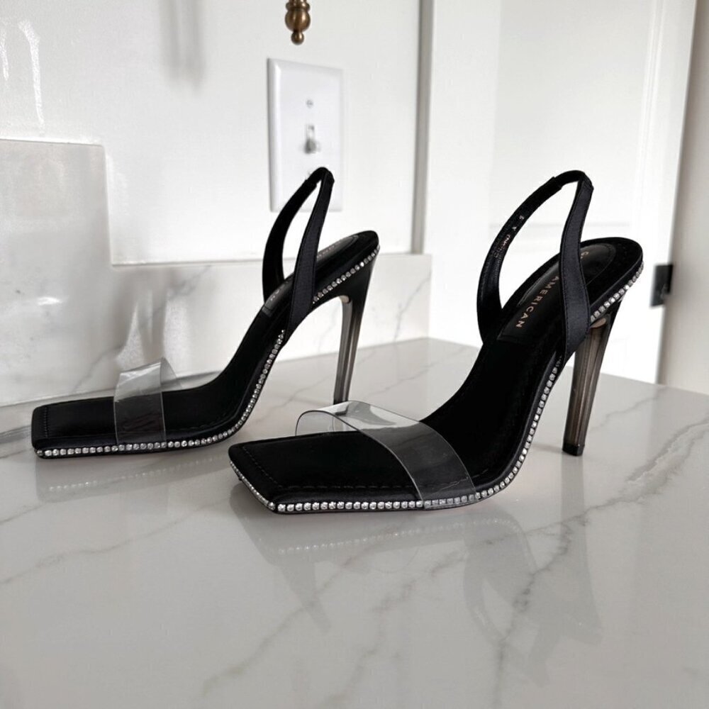 Good American Crystal Crush Lucite Satin Rhinestones Stilletto Heels SZ 9